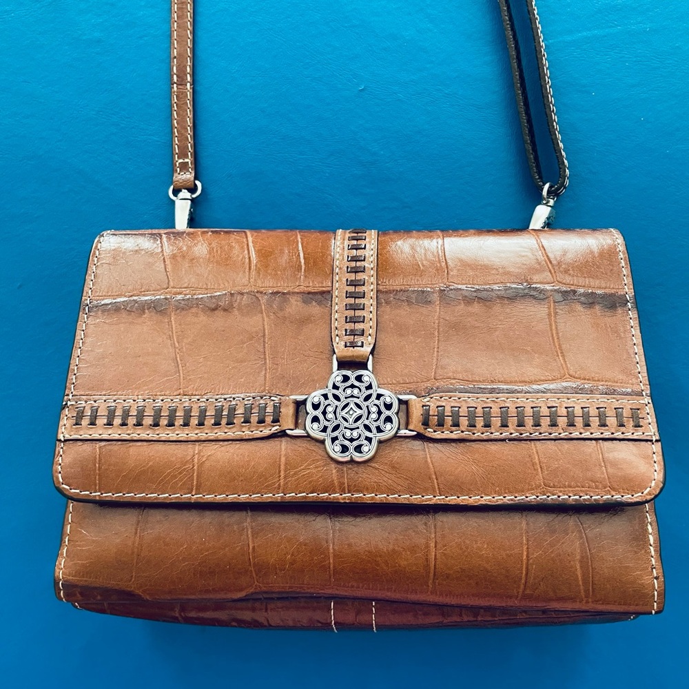 Brighton brown croc-embossed Leather Crossbody Bag with Silver hardware